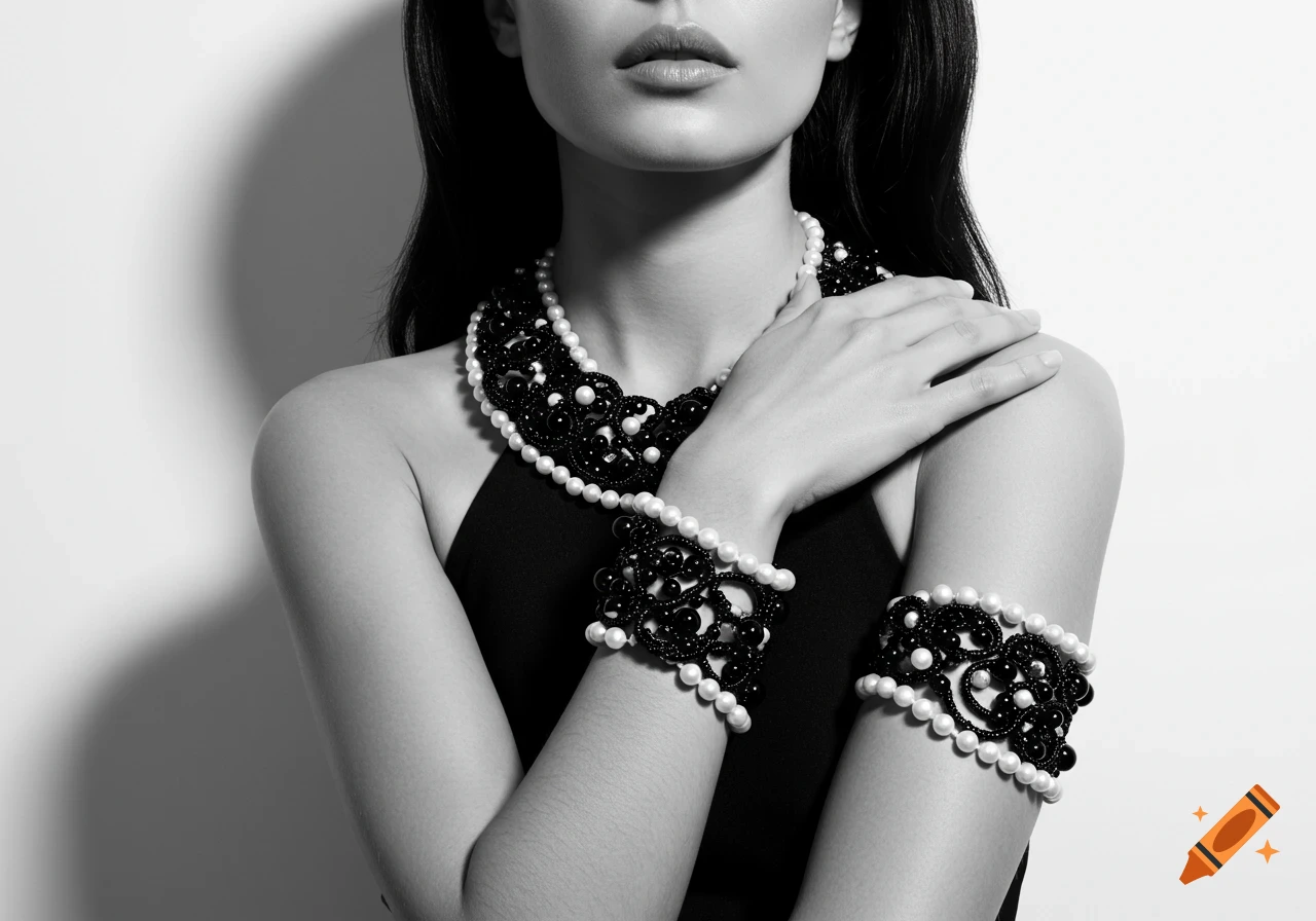 Close-up black and white photorealistic image of a woman wearing intricate bead necklace and bracelets.