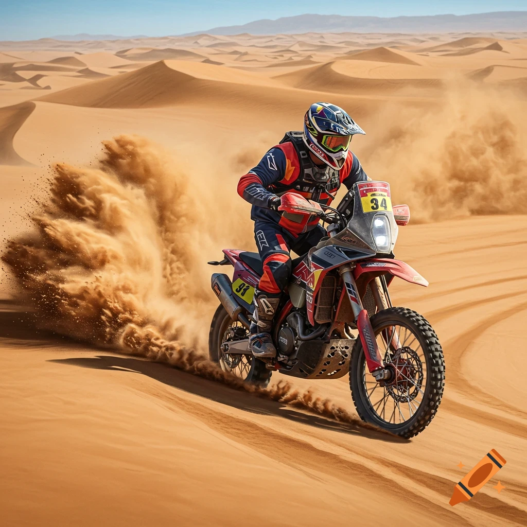 A motorcyclist rides a red dirt bike through a vast desert, kicking up a large plume of sand.