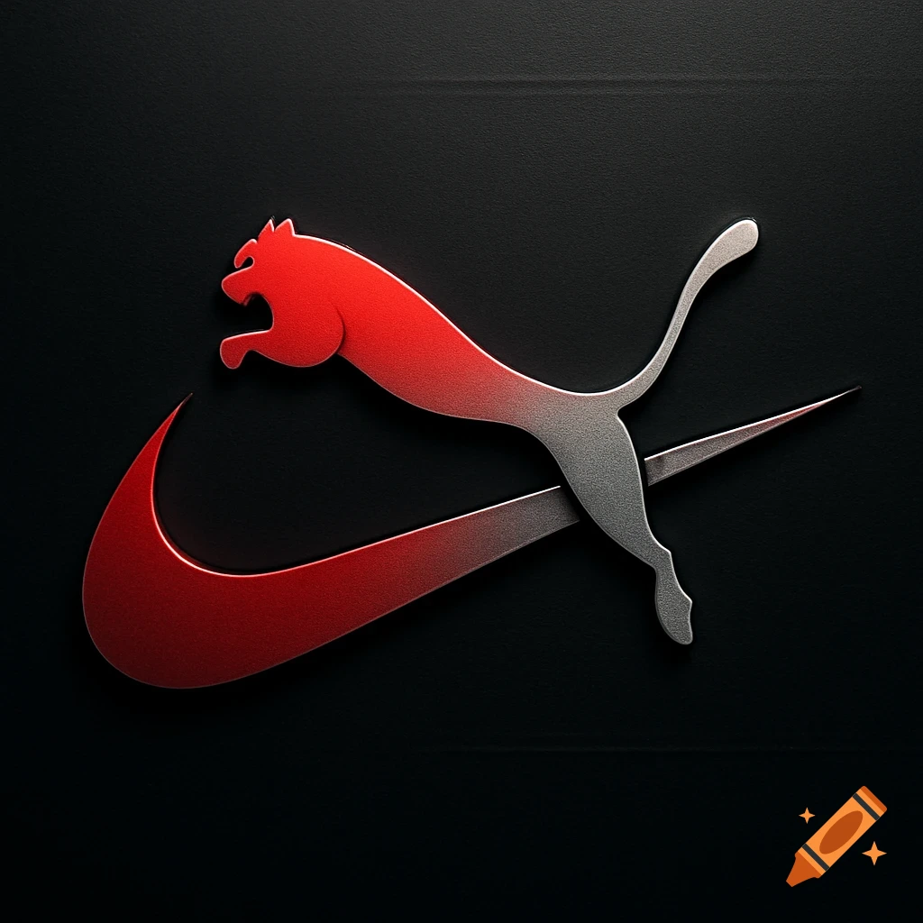 A red Nike swoosh logo intertwined with a silver Puma cat logo on a dark, textured background.