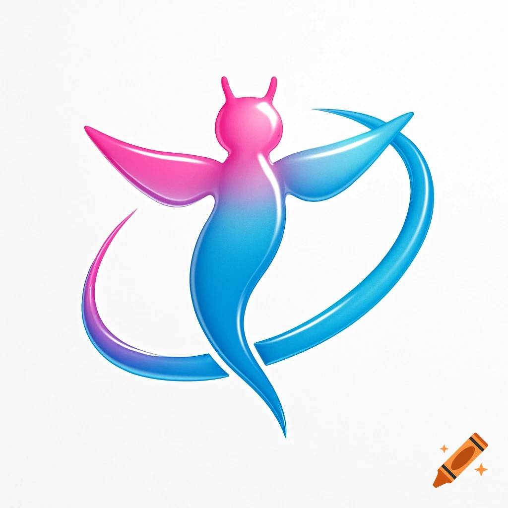 A glossy pink and blue gradient logo resembling a stylized sea angel with flowing abstract shapes.