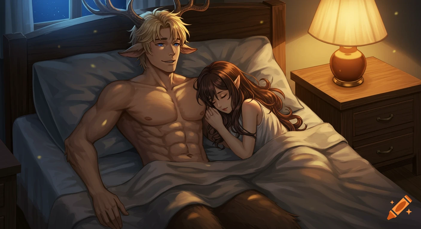 A shirtless blond satyr with antlers embraces his sleeping brunette partner with elf ears in a bed.