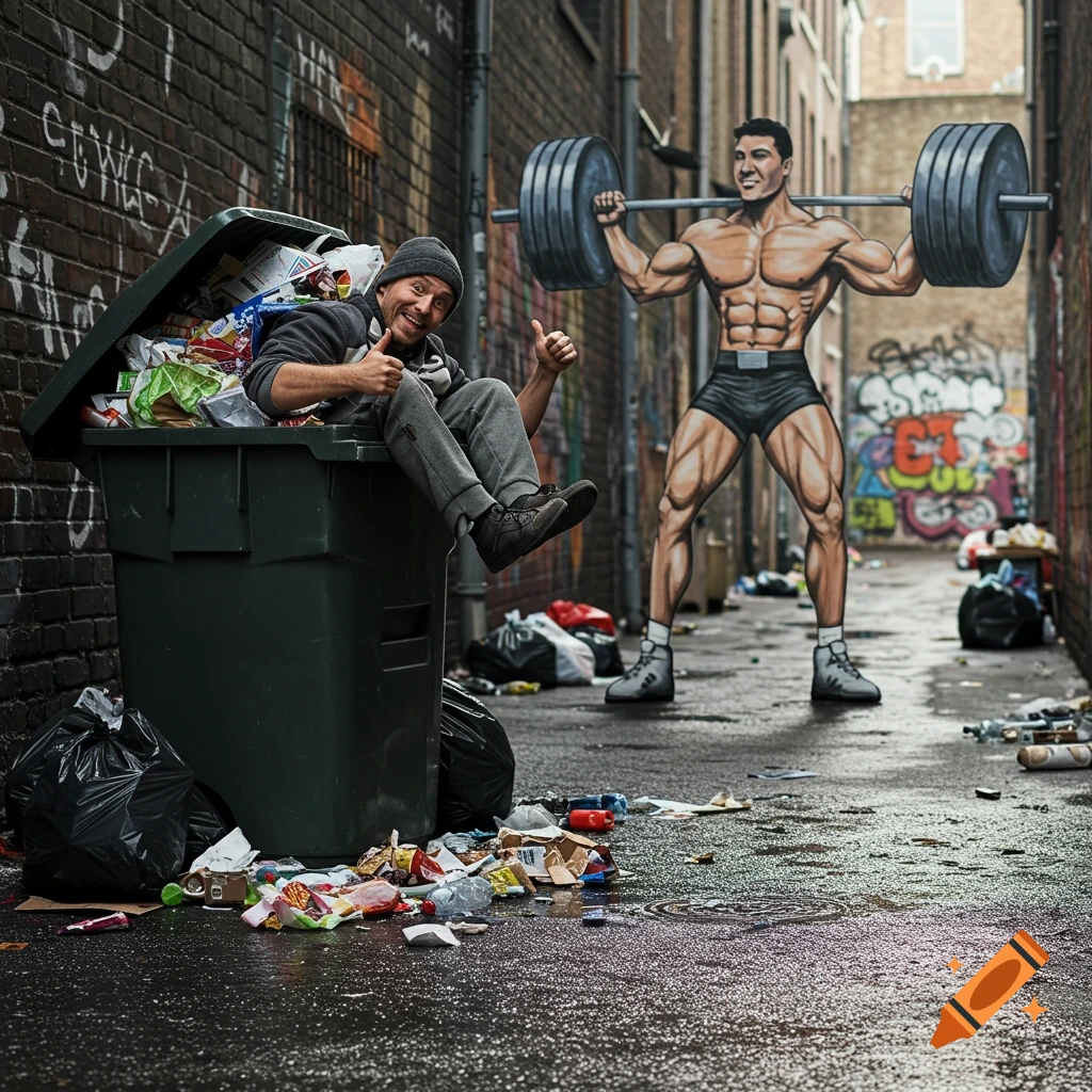 A man sitting in a trash can in a dirty alley gives a thumbs-up to a mural of a bodybuilder lifting weights.