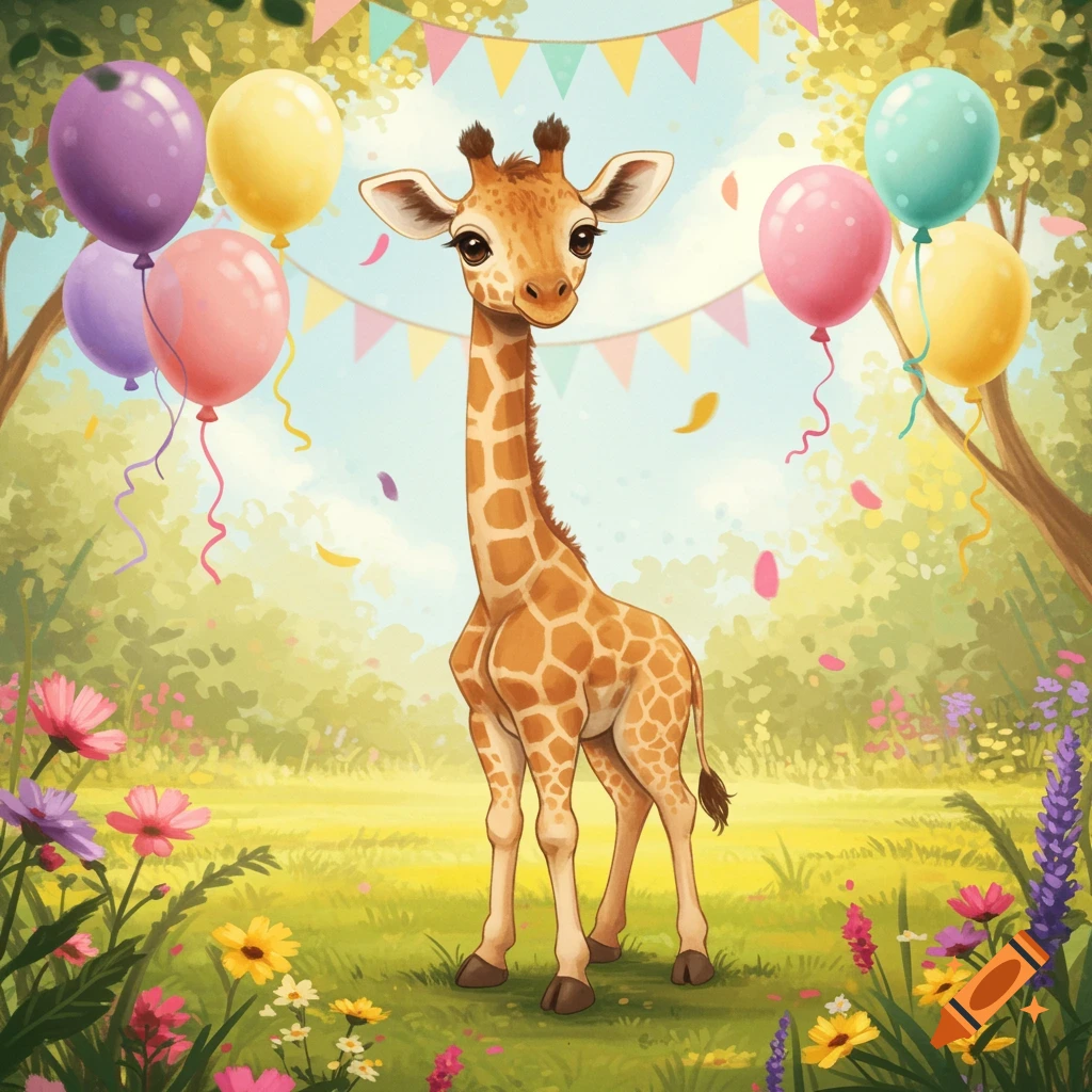 A cute baby giraffe stands in a colorful meadow surrounded by balloons, party bunting, and flowers.
