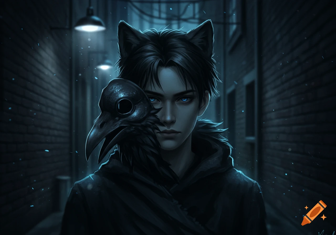 A young man with black hair, wolf ears, and glowing blue eyes holds a black plague doctor mask in a dark alley at night, digital art.