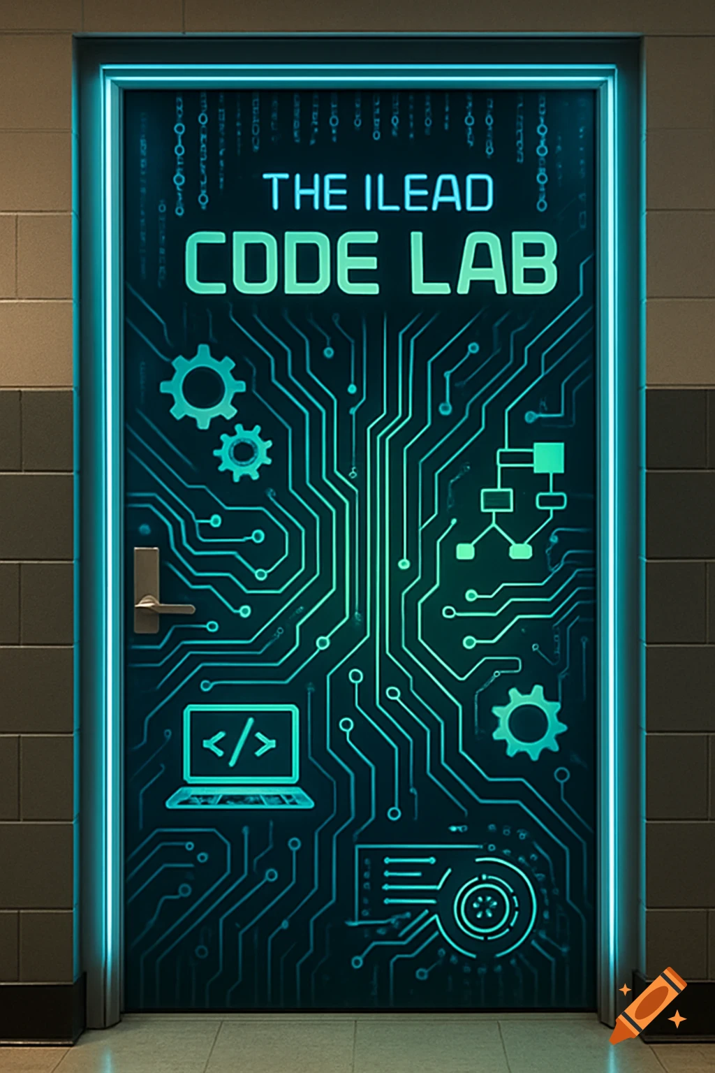 A glowing neon blue circuit board design covers a classroom door, featuring gears, a laptop icon, and the text 'THE ILEAD CODE LAB'.