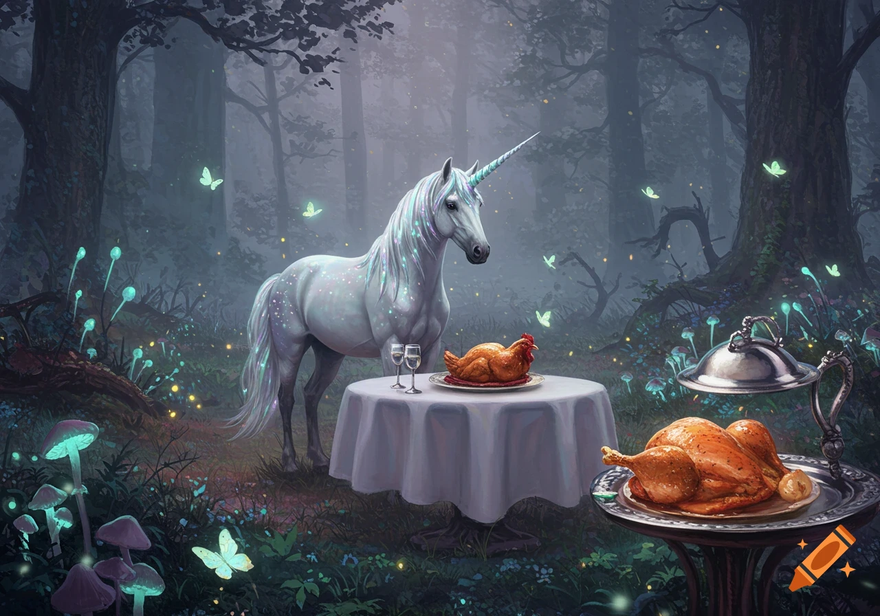 A unicorn dines on roasted chicken at a table in a magical, misty forest with glowing mushrooms and butterflies.