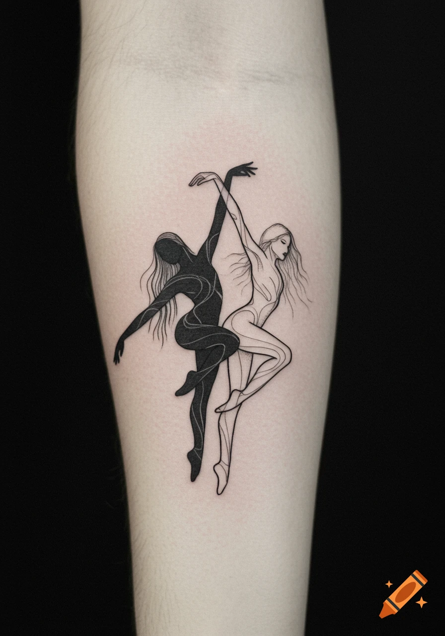 Minimalist black and white tattoo on an arm, depicting two stylized dancers, one black and one white outline, intertwined.