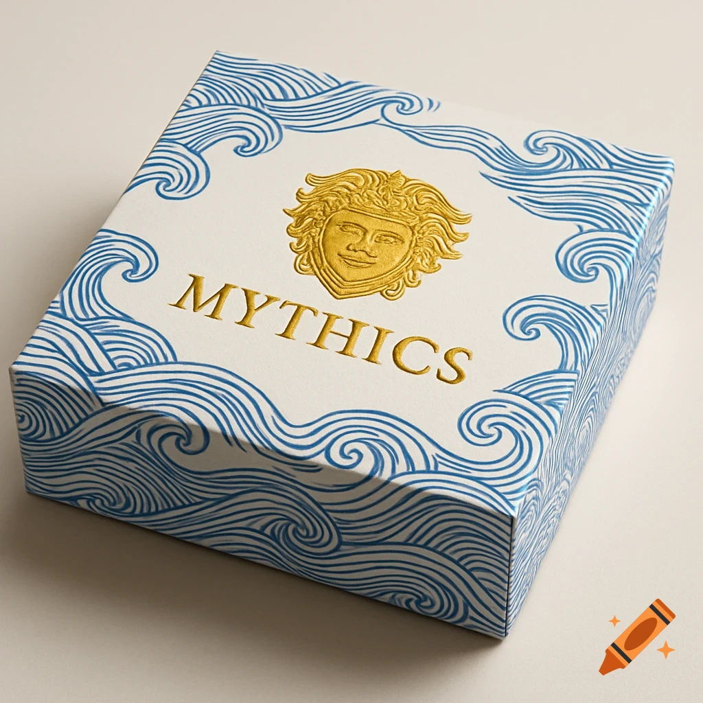 A white product box with blue wave patterns, a gold foil embossed face in a Greek mythology style, and the word "MYTHICS" in gold.