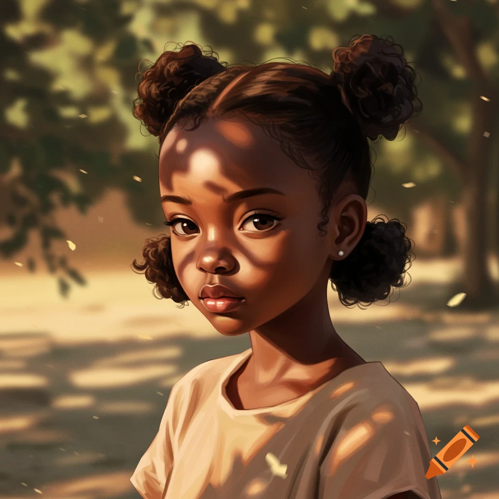 Close-up digital illustration of a young Black girl with curly low buns, wearing a light shirt, bathed in dappled sunlight under trees.