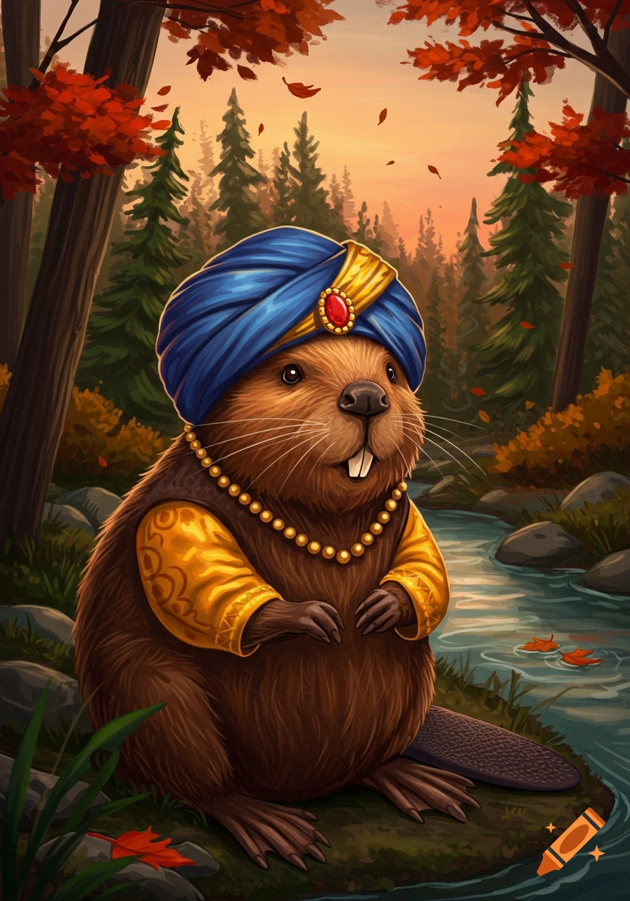 A cute beaver wearing a blue turban and gold outfit sits by a stream in an autumn forest.