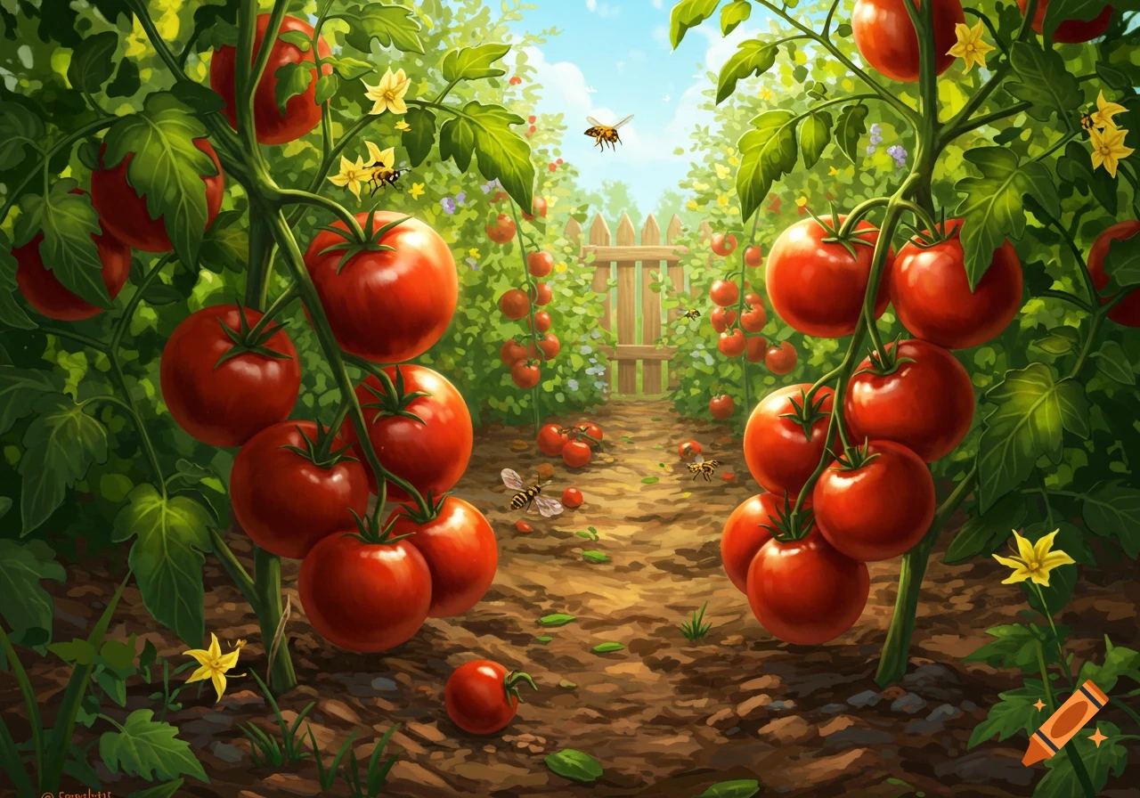 A vibrant illustration of a lush tomato garden with ripe red tomatoes on the vine, yellow flowers, and bees, leading to a wooden fence.