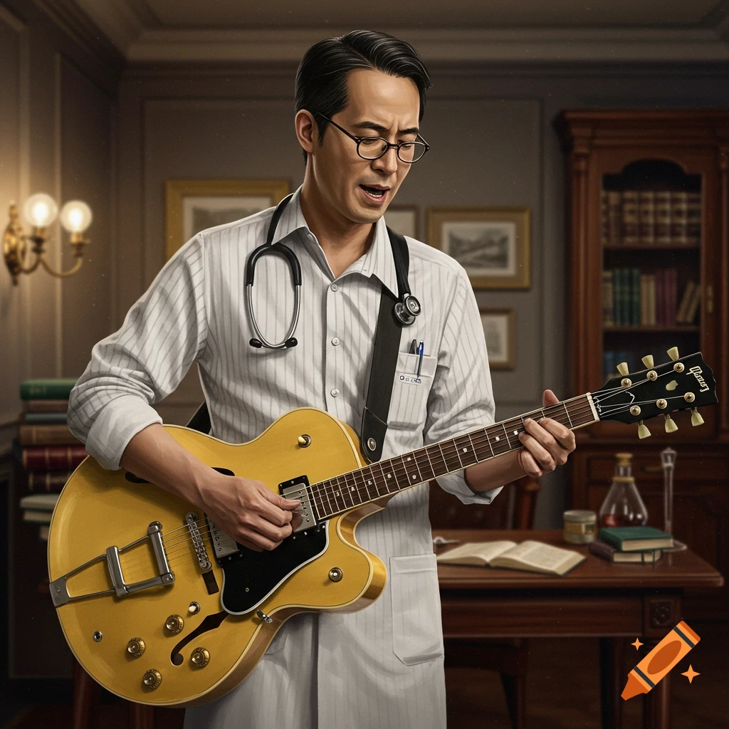 Photorealistic image of an Asian doctor in a white lab coat and striped shirt playing a yellow hollow-body electric guitar in a room.