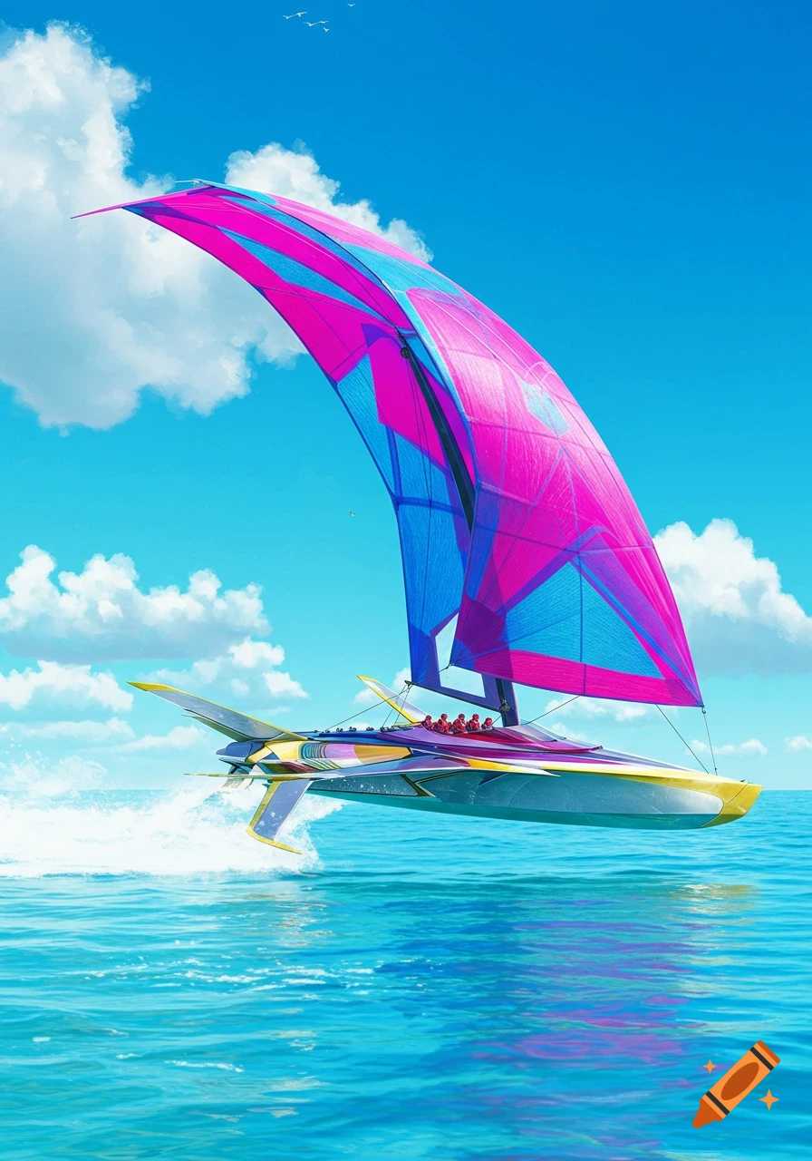 A futuristic boat with a large pink and blue sail speeding across bright blue water under a clear sky.