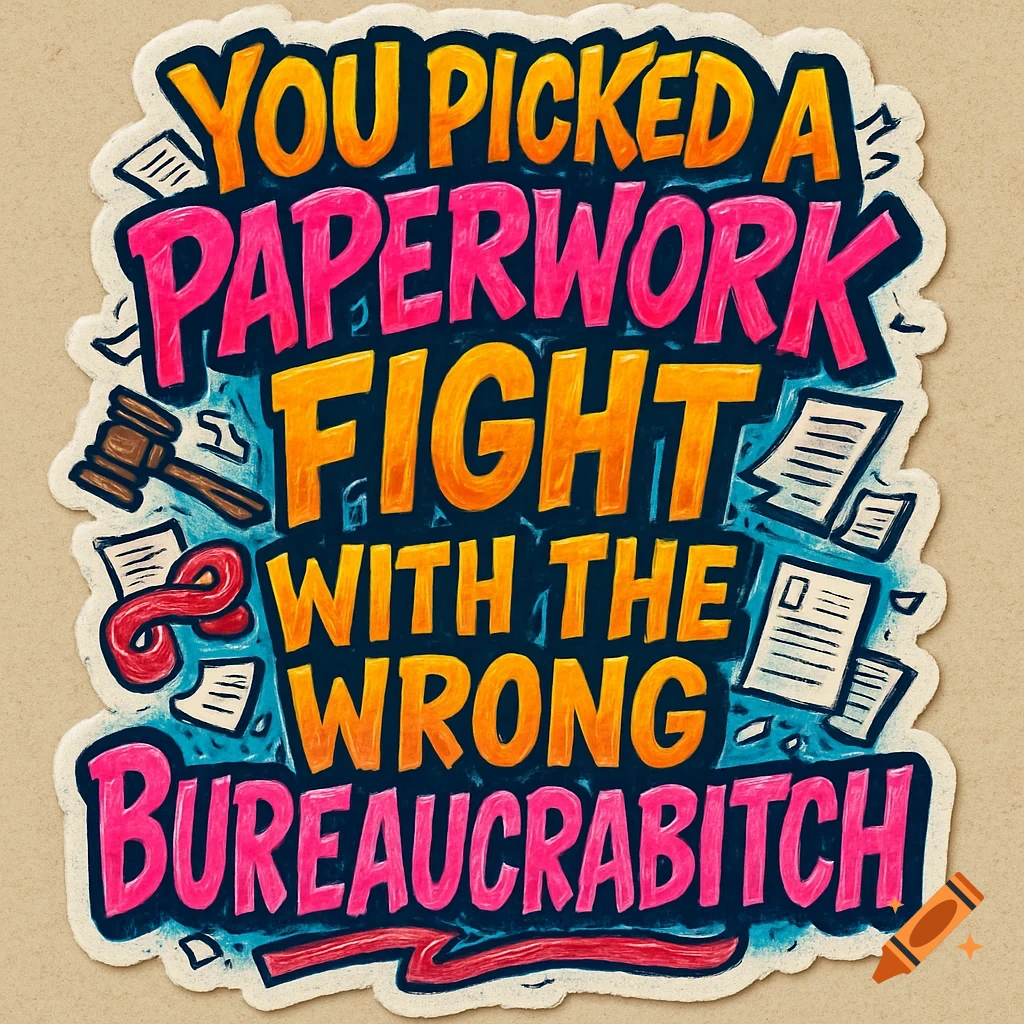 A colorful, hand-drawn style sticker with the phrase 'You picked a paperwork fight with the wrong bureaucrabitch,' surrounded by papers and a gavel.