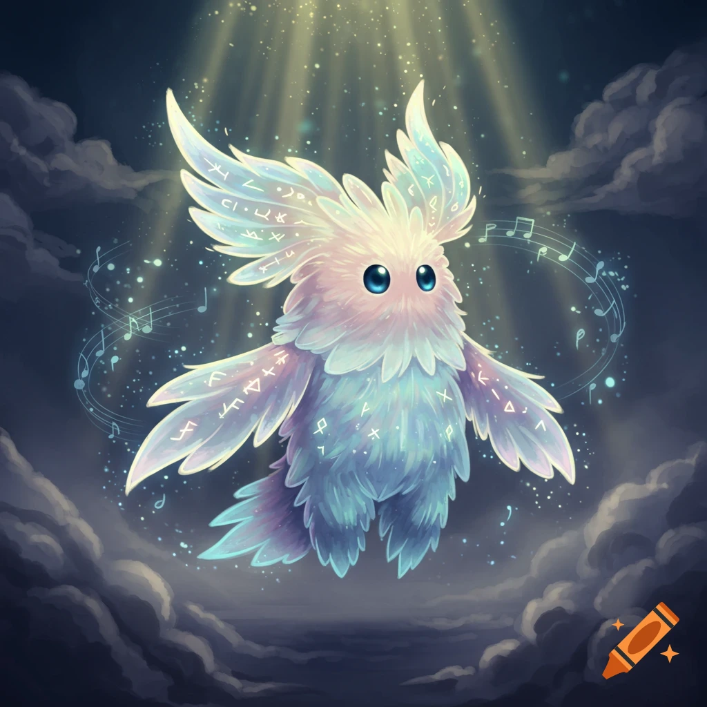 A fluffy, light-colored, ethereal creature with glowing runes on its wings and body, surrounded by musical notes and sparkling light rays in a cloudy sky.