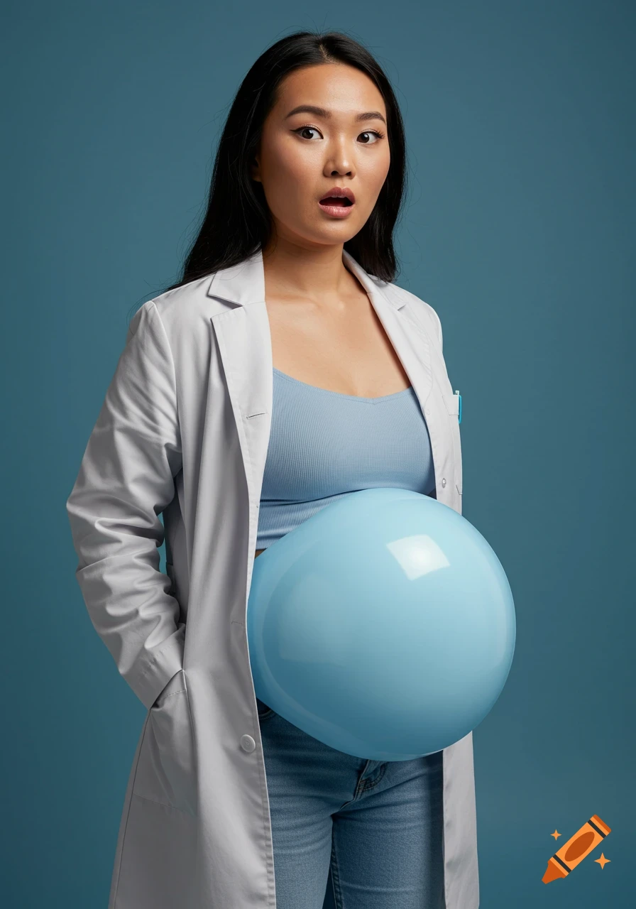 A surprised Asian woman in a lab coat and blue top, with a large blue balloon-like belly, against a blue background.
