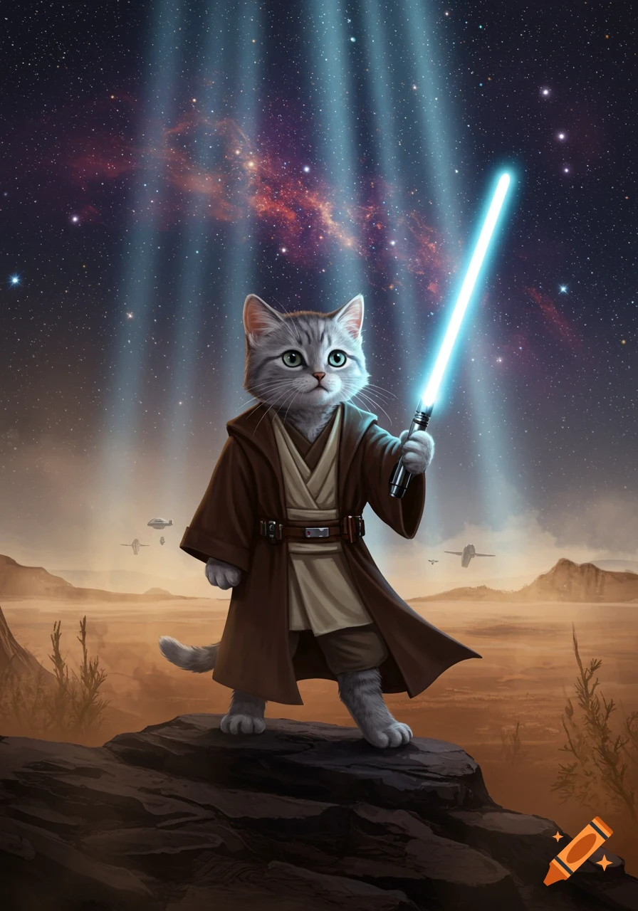 A cute tabby cat dressed as a Jedi knight holds a glowing blue lightsaber on a rocky cliff, with a desert landscape and starry cosmic sky in the background.