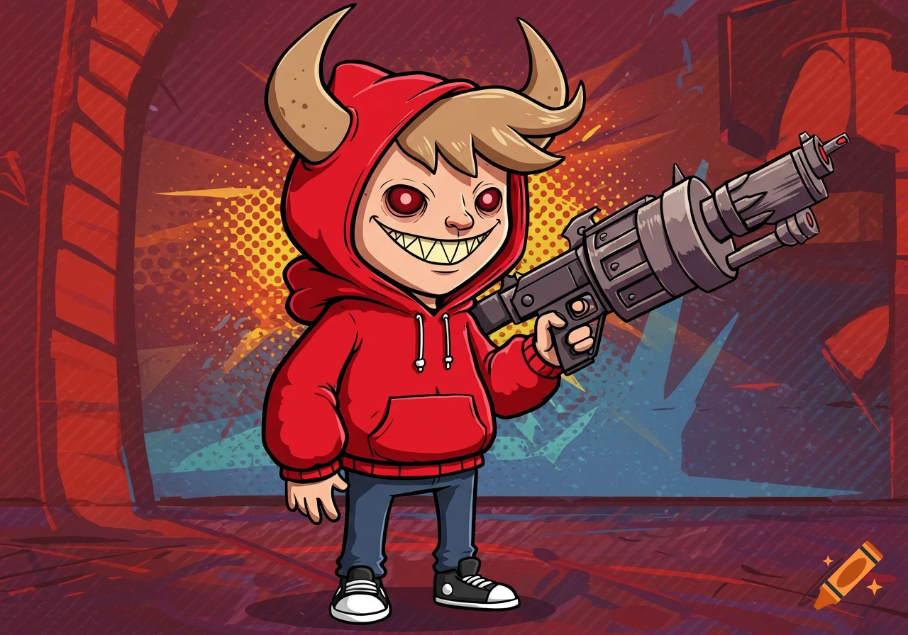 A cartoon character in a red horned hoodie with an evil grin, holding a large futuristic gun.