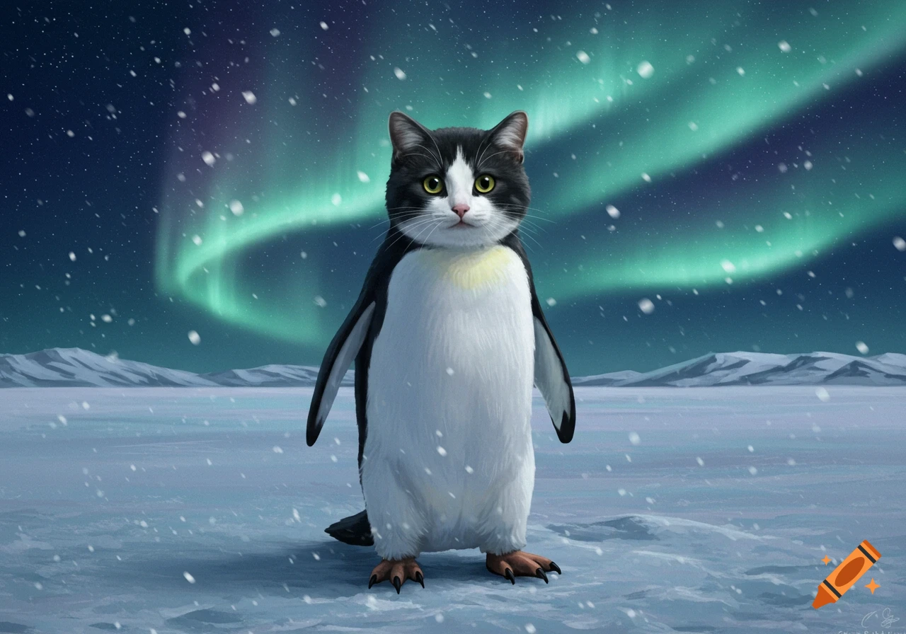 A black and white cat with a penguin body stands in a snowy landscape under the aurora borealis.