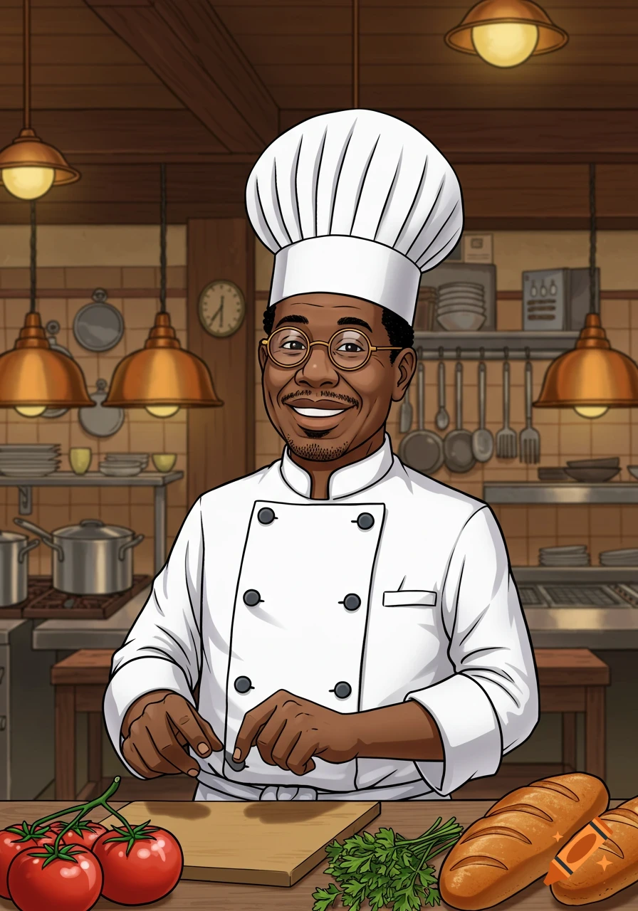 A smiling cartoon Black man in a chef's hat and white uniform stands in a kitchen, preparing food on a cutting board with tomatoes and bread nearby.