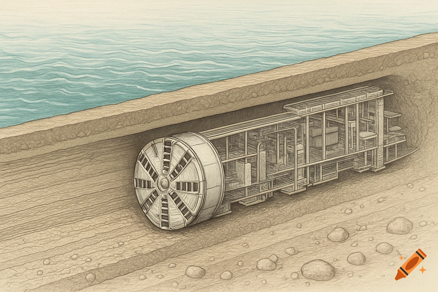 A detailed illustration of a tunnel boring machine digging beneath a river, with the water visible above, in a colored pencil diagram style.