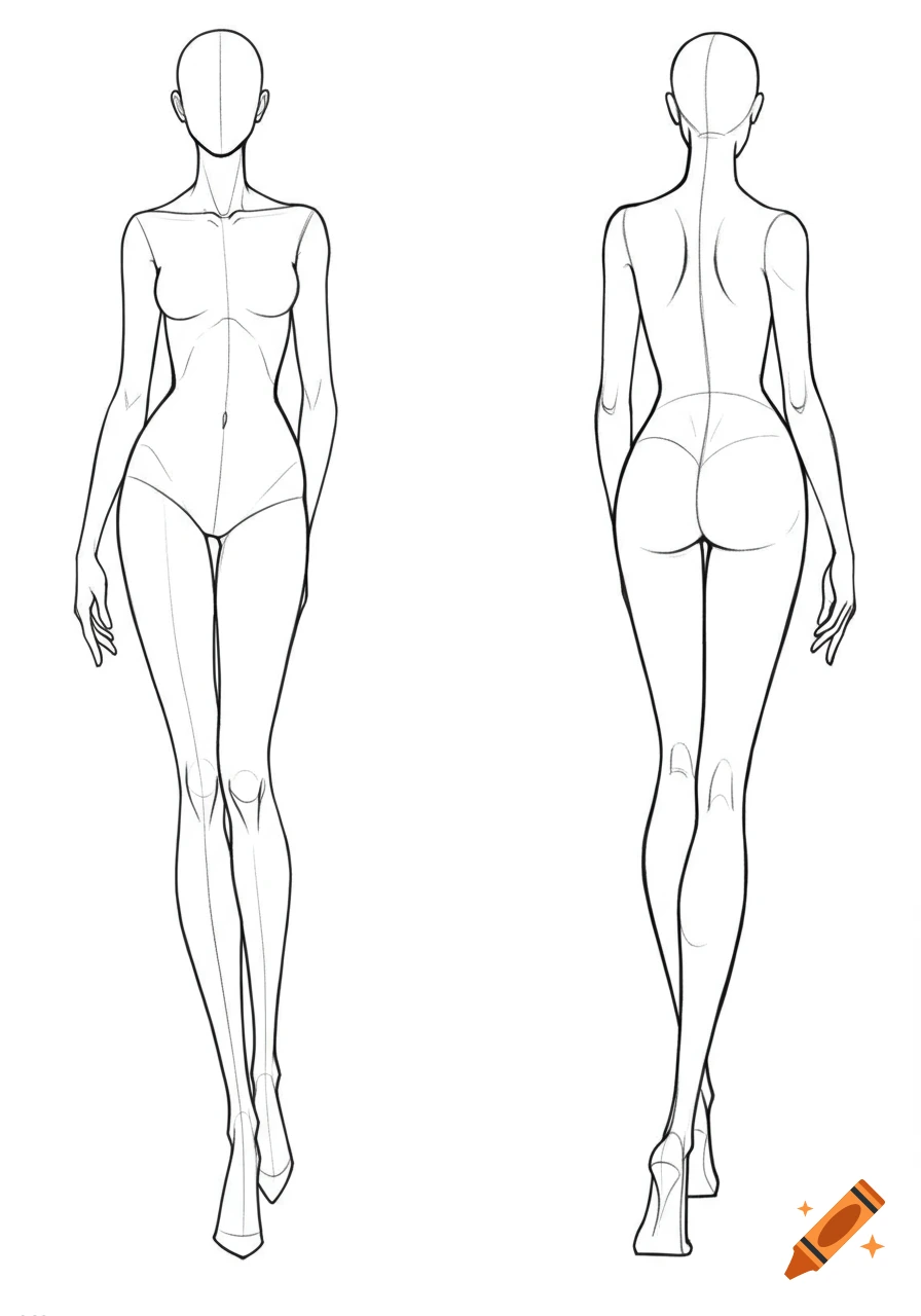 A white background shows two black outline drawings of a female fashion croquis, one from the front and one from the back.
