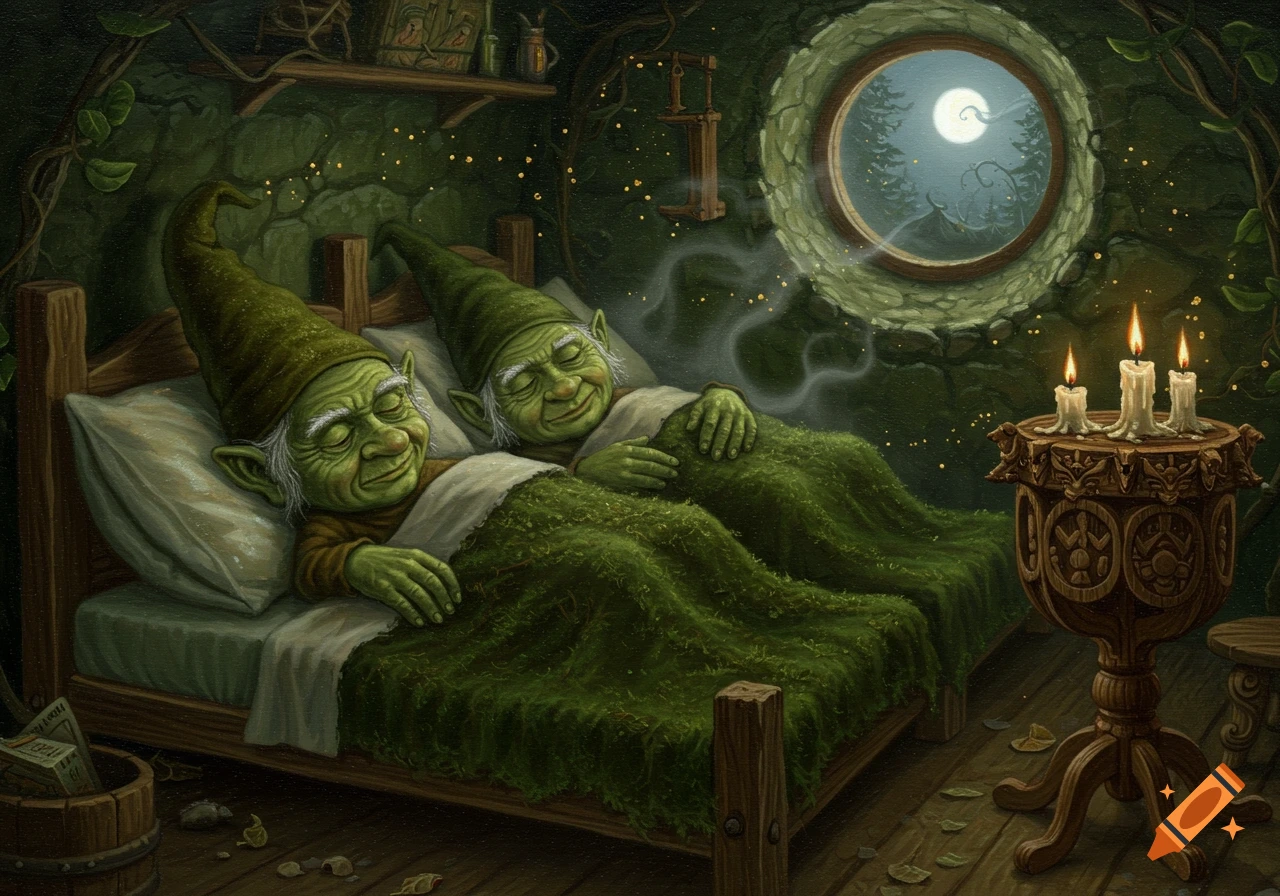 Two old gnomes with green skin and tall green hats sleep under mossy blankets in a cozy, dark room lit by a moonlit window and candles, painted in oil.