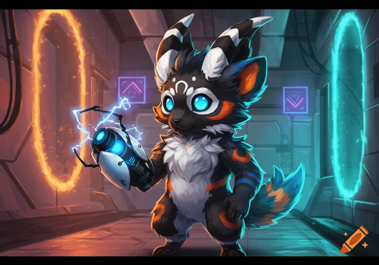 A cute furry protogen character with black and white horns and blue eyes holds a portal gun in a sci-fi environment with glowing orange and blue portals.