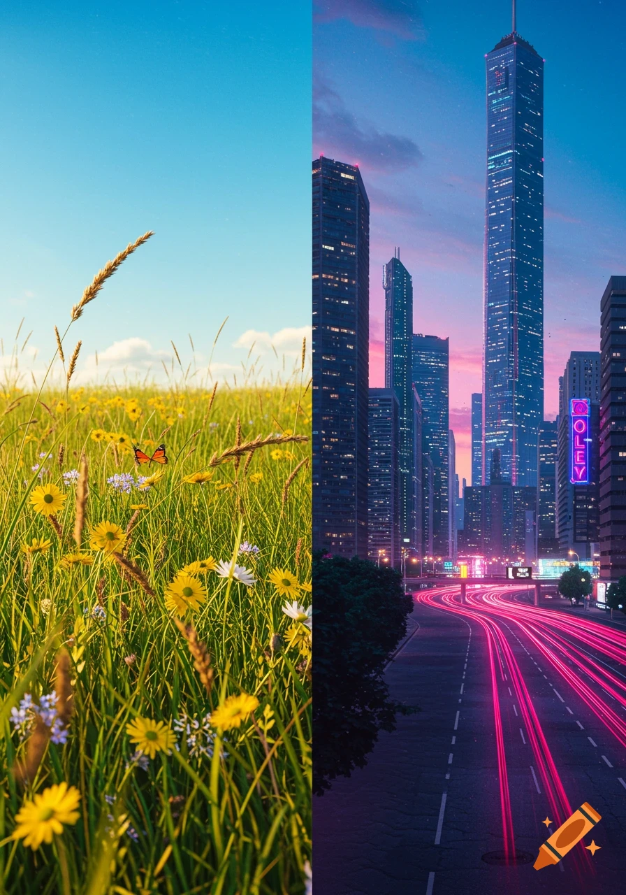 A vertical split image contrasting a vibrant field of yellow wildflowers and a butterfly under a blue sky on the left, with a futuristic city skyline at dusk with pink light trails on the right.