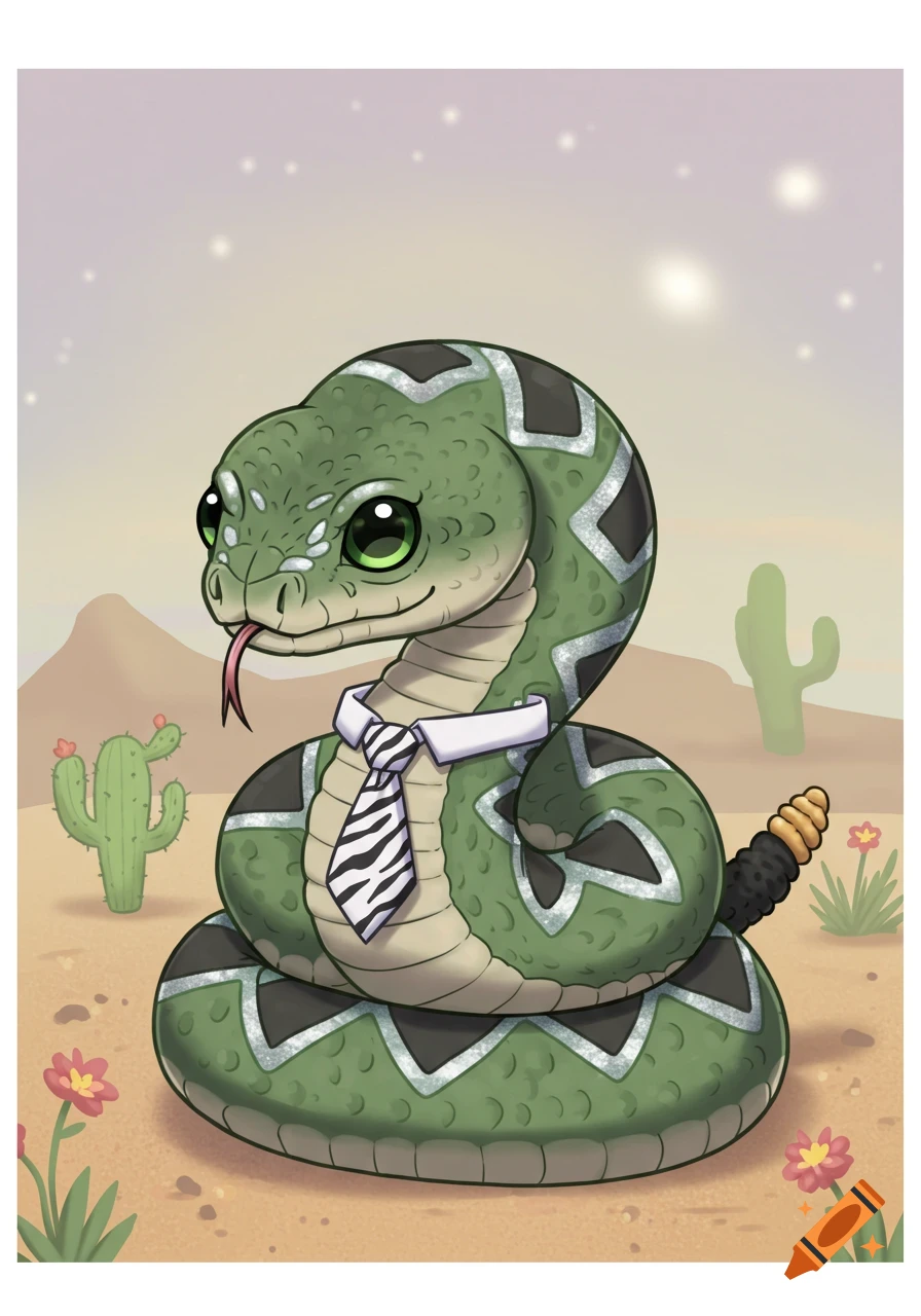 A cute, green chibi rattlesnake wearing a zebra-patterned tie sits in a desert landscape with cacti.