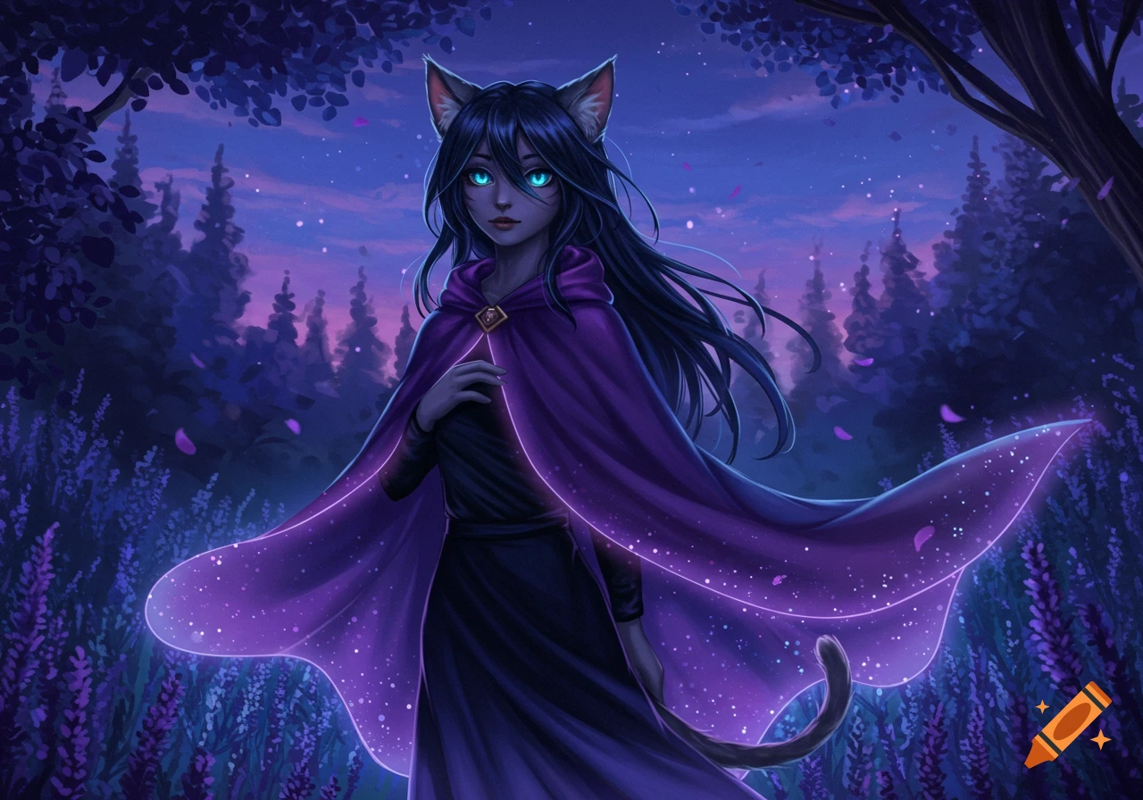 Anime cat girl with long dark hair, glowing blue eyes, and a purple cloak in a lavender field at dusk.