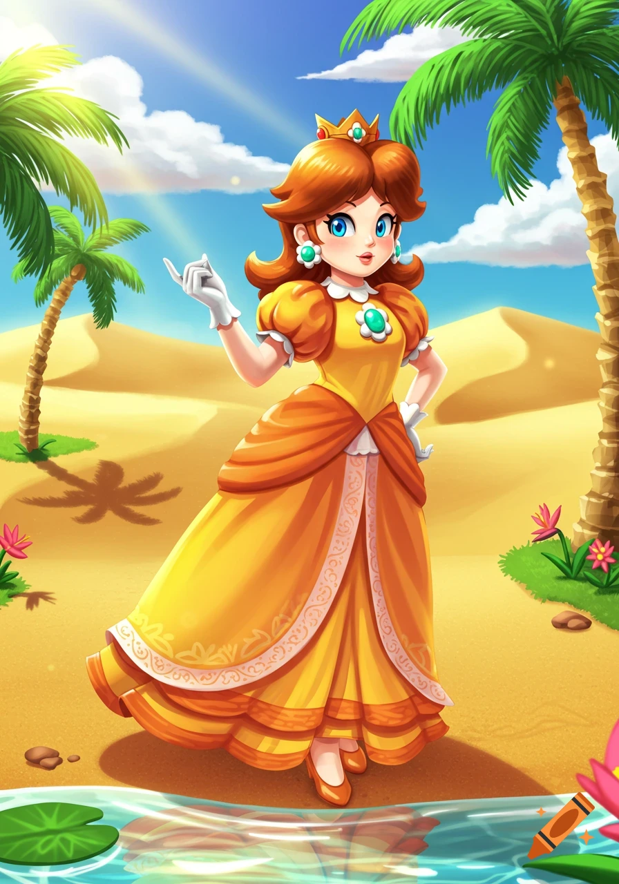 Princess Daisy from Mario Kart, wearing a yellow and orange oasis outfit, stands in a vibrant desert landscape with palm trees and a small pool of water.