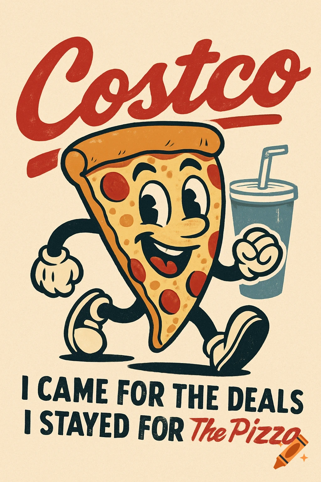 Retro cartoon illustration of a smiling pizza slice walking with a soda, with 'Costco' and 'I CAME FOR THE DEALS I STAYED FOR The Pizza' text.