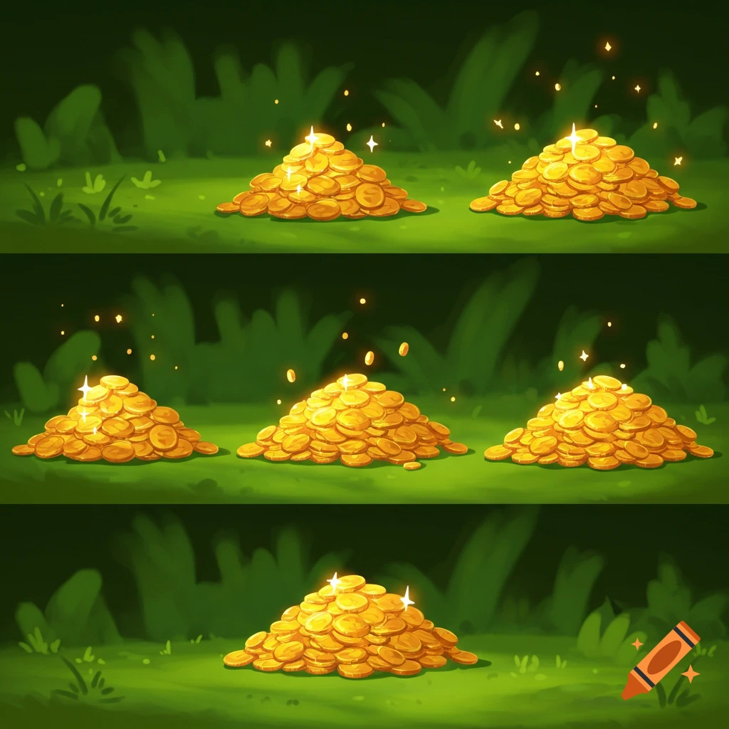 Multiple cartoon piles of sparkling gold coins on green ground.