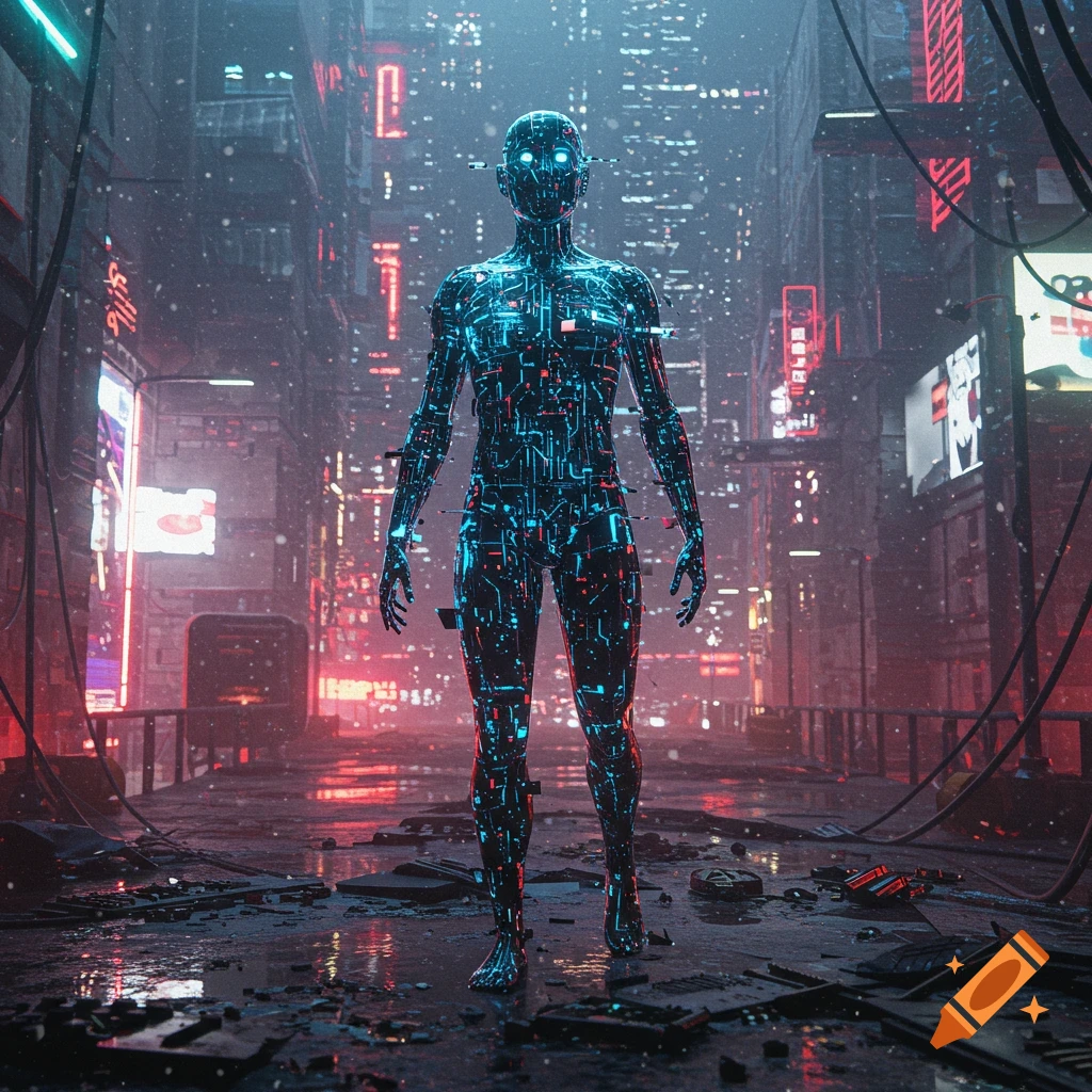 A glowing humanoid figure made of circuit boards stands in a dark, rainy cyberpunk city street with neon signs.