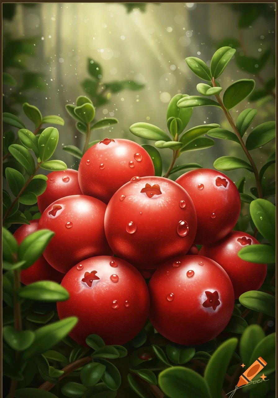 Pile of red cranberries covered in water droplets amidst green leaves with sunlit background.