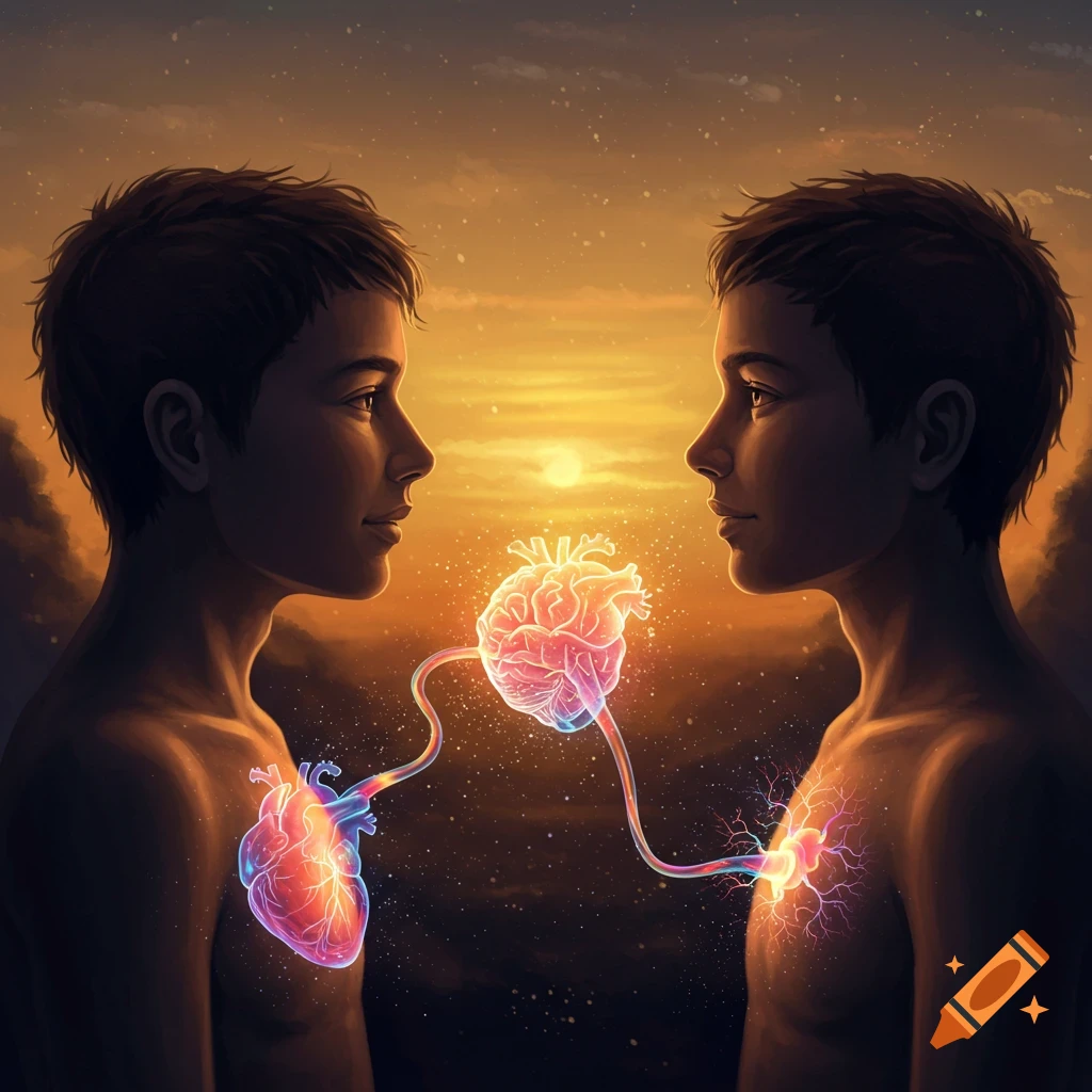Two people, seemingly young men, face each other under an orange sky, their chests glowing with ethereal hearts connected by luminous tubes.