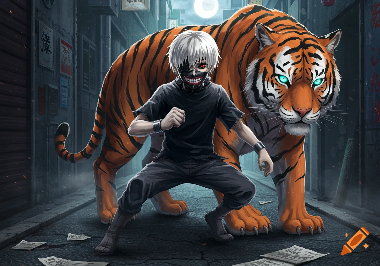 An anime-style illustration of a white-haired character in a mask crouching with a large tiger with glowing blue eyes in a dark city alley.