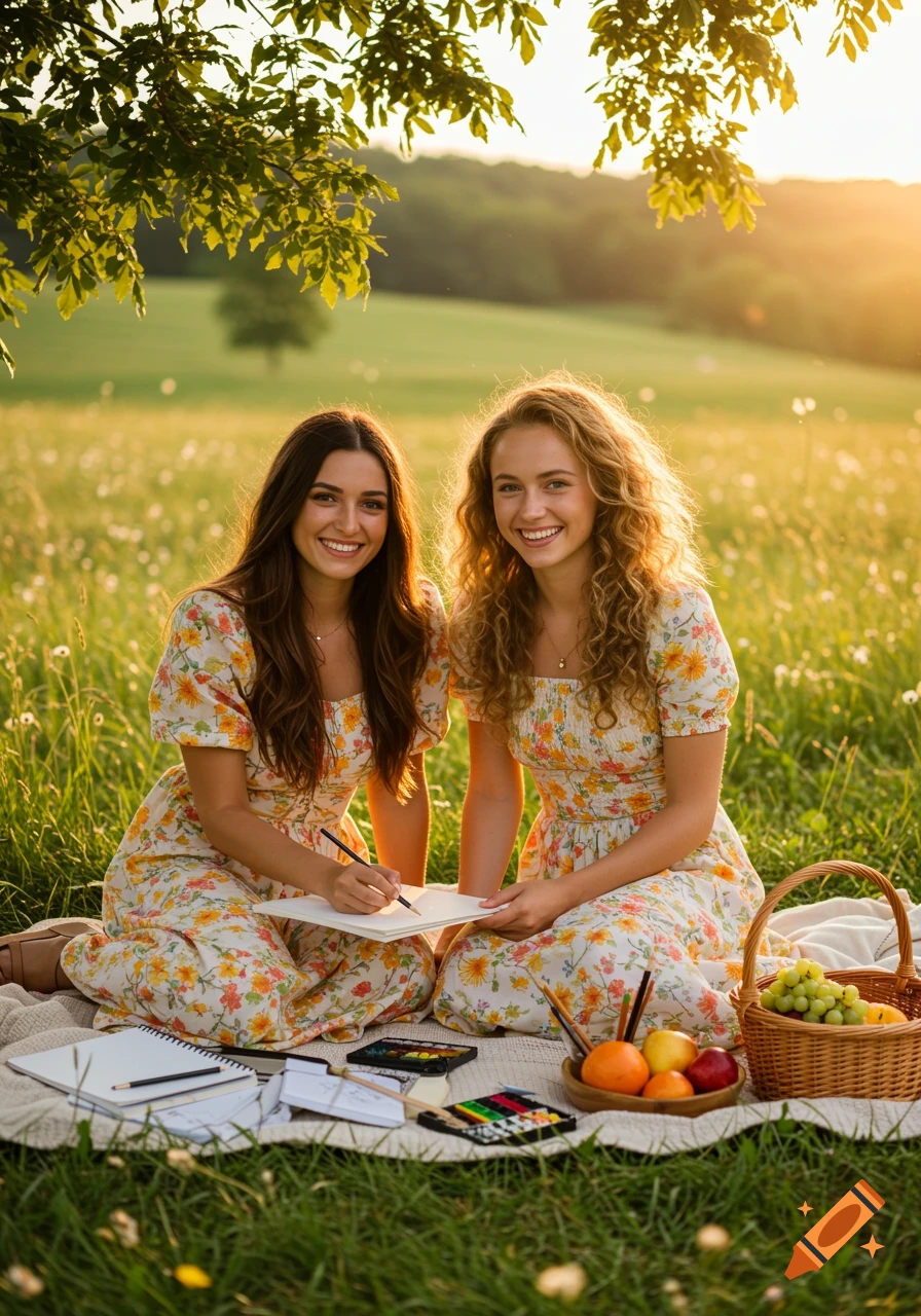 Two smiling women in floral dresses sit on a blanket in a sunny field, one drawing in a sketchbook, with art supplies and a picnic basket nearby.