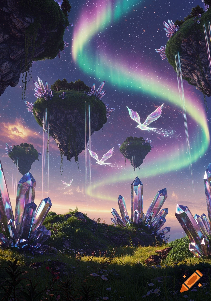 A vibrant fantasy landscape with glowing aurora over floating islands, sparkling crystals, and luminous birds flying.