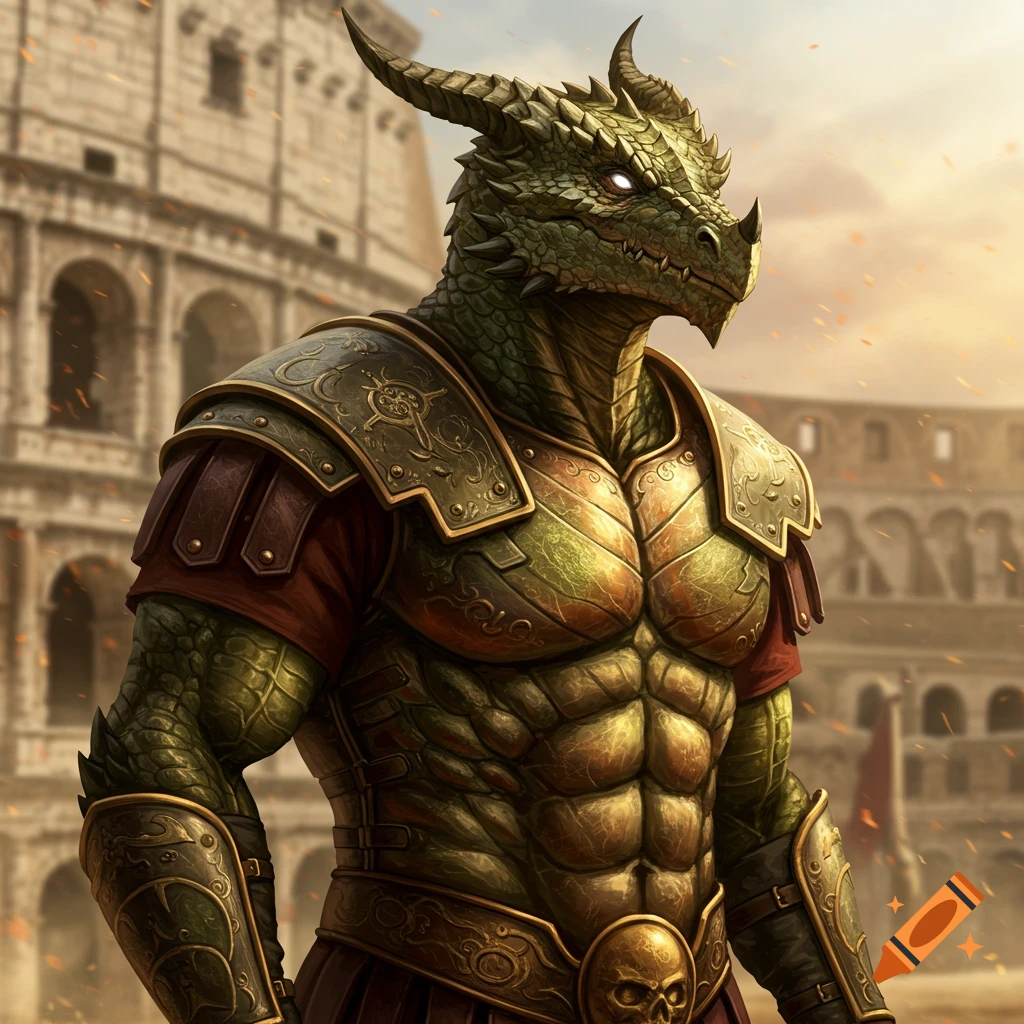 Muscular olive-scaled Dragonborn in ornate Roman armor standing before the Colosseum at sunset.