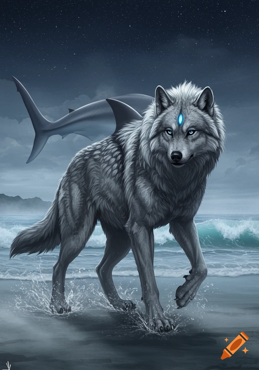 Fantasy digital art of a grey wolf-shark hybrid animal with glowing blue eyes and a shark fin, walking on a moonlit beach with waves.
