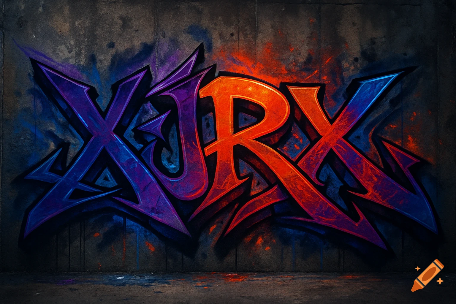 Wildstyle graffiti art spelling 'XJRX' in purple, orange, and blue on a dark concrete wall.