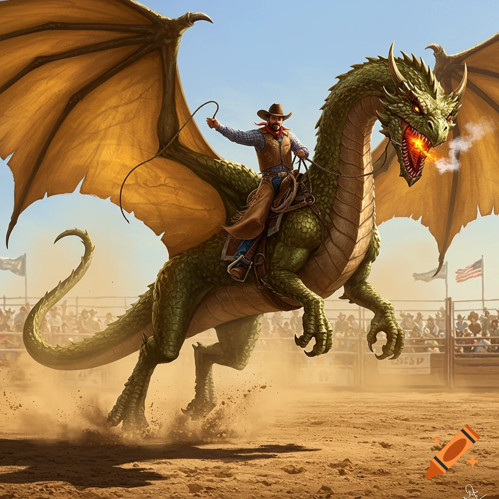 A cowboy rides a large green dragon through a dusty rodeo arena with a crowd in the background. The dragon breathes fire.