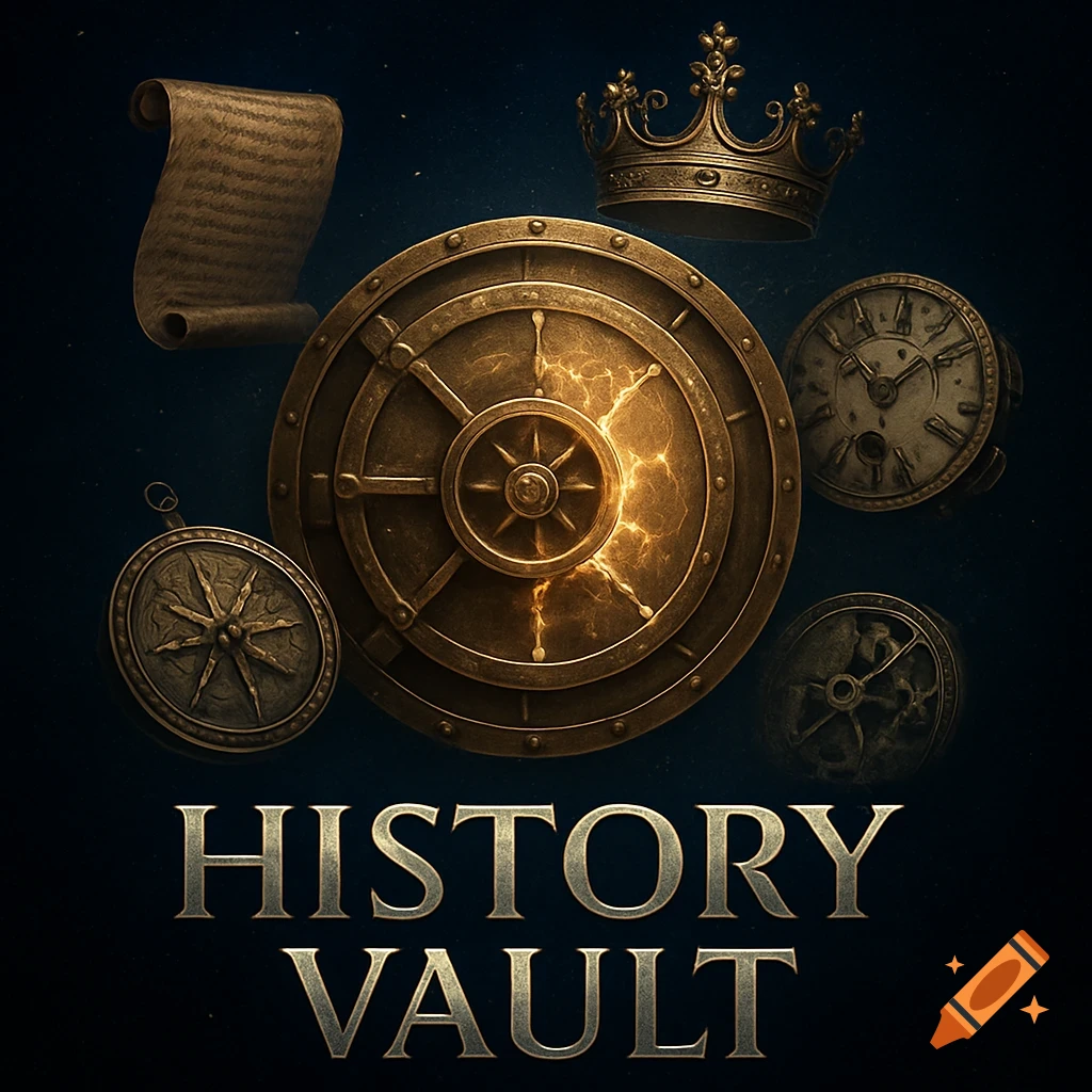 A cinematic logo with an ancient golden vault door, scroll, crown, compass, and broken clock. Text reads 'HISTORY VAULT'.