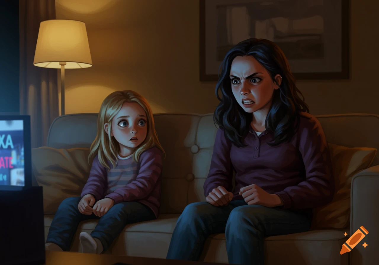An illustration of an angry dark-haired girl and a confused blonde girl sitting on a sofa watching TV.
