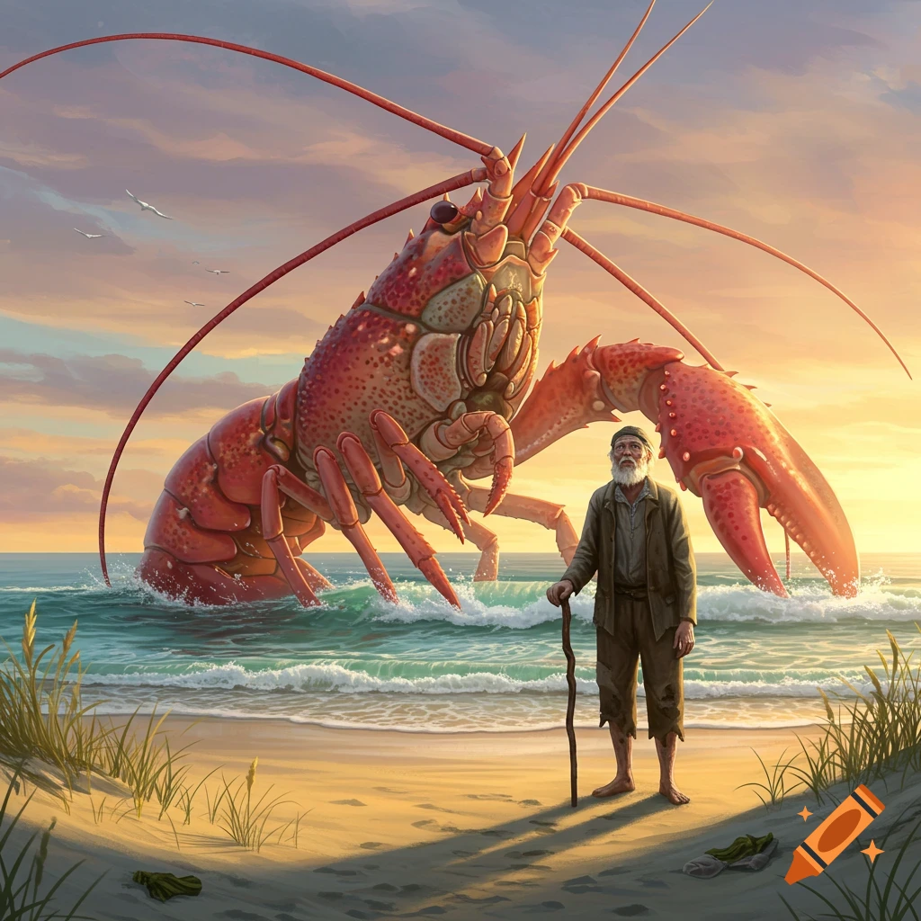 A giant red lobster stands in the ocean on a beach at sunset, dwarfing an old man with a walking stick.