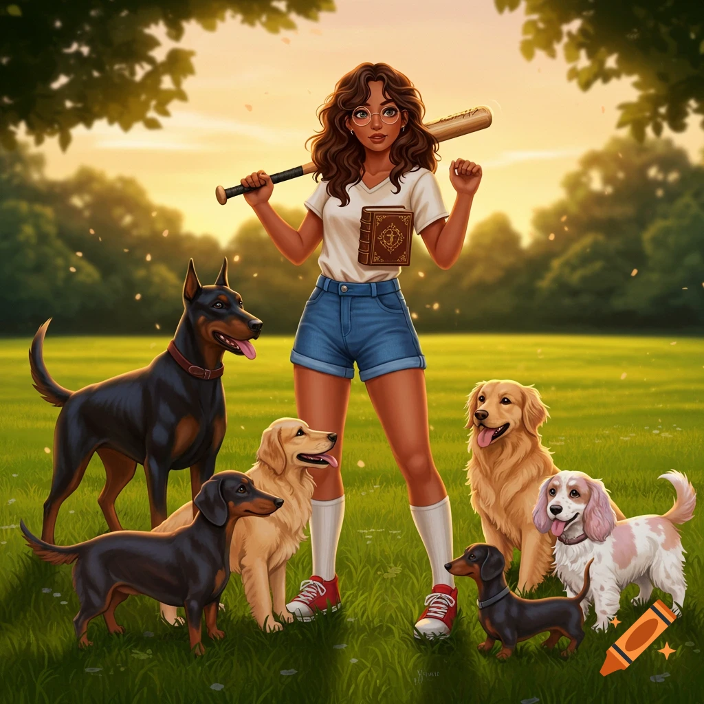 An illustrated young woman with glasses and a baseball bat stands in a park surrounded by five diverse dogs.