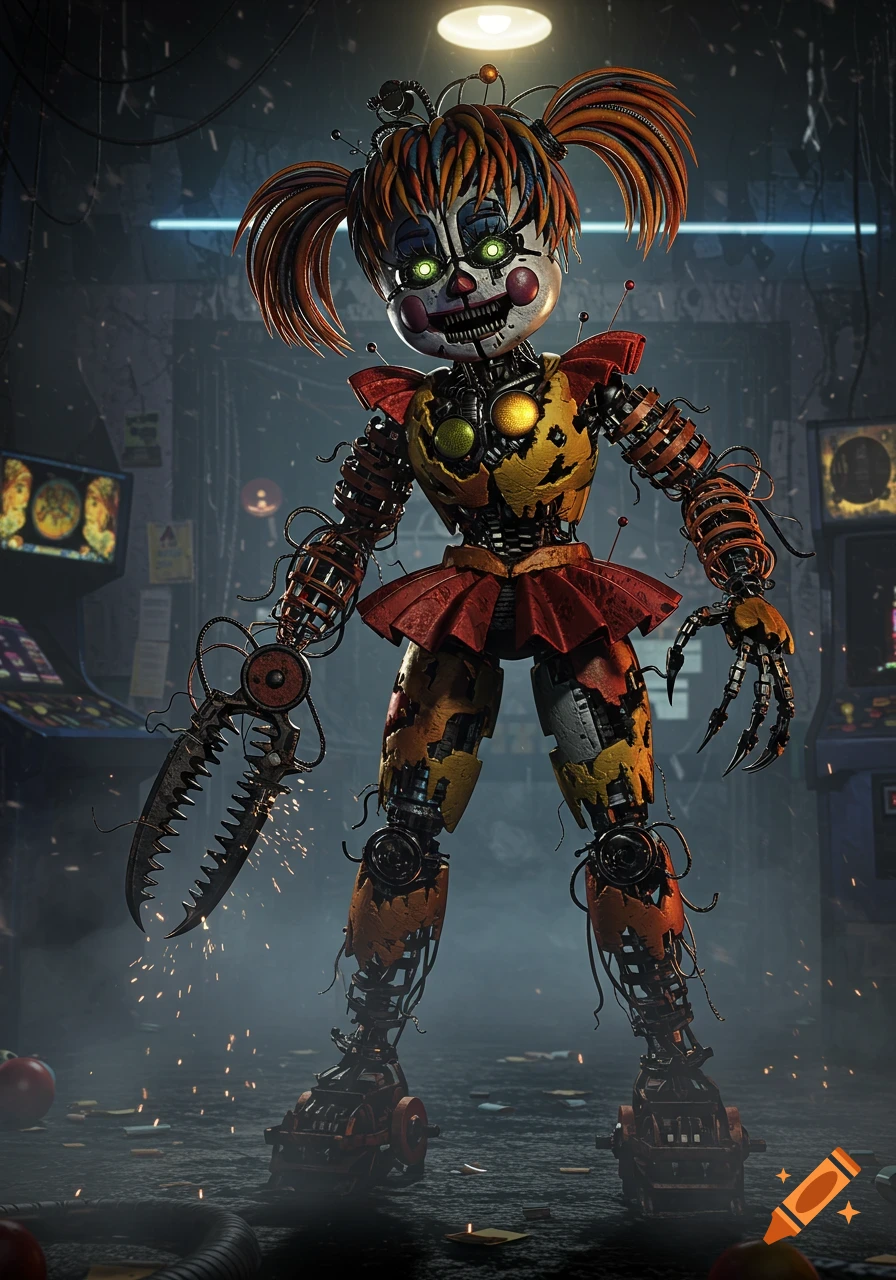 A menacing, damaged animatronic robot with glowing green eyes and a claw arm stands in a dark, grimy room.