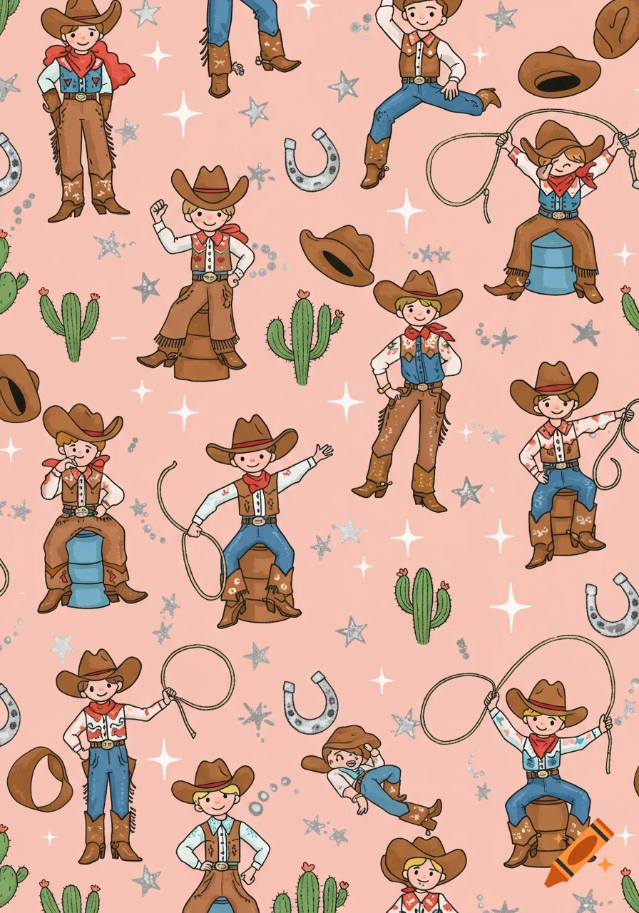 Cartoon cowboy and cowgirl seamless pattern on a pink background with cacti, horseshoes, and stars.